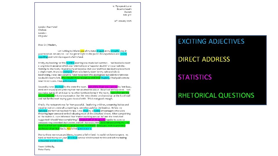 EXCITING ADJECTIVES DIRECT ADDRESS STATISTICS RHETORICAL QUESTIONS 