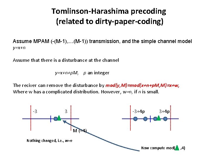 Tomlinson-Harashima precoding (related to dirty-paper-coding) Assume MPAM (-(M-1), …(M-1)) transmission, and the simple channel Tomlinson-Harashima precoding (related to dirty-paper-coding) Assume MPAM (-(M-1), …(M-1)) transmission, and the simple channel