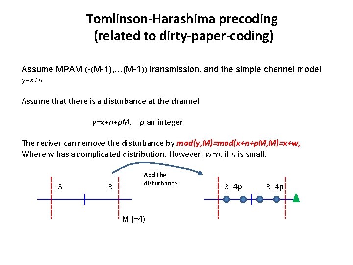 Tomlinson-Harashima precoding (related to dirty-paper-coding) Assume MPAM (-(M-1), …(M-1)) transmission, and the simple channel Tomlinson-Harashima precoding (related to dirty-paper-coding) Assume MPAM (-(M-1), …(M-1)) transmission, and the simple channel