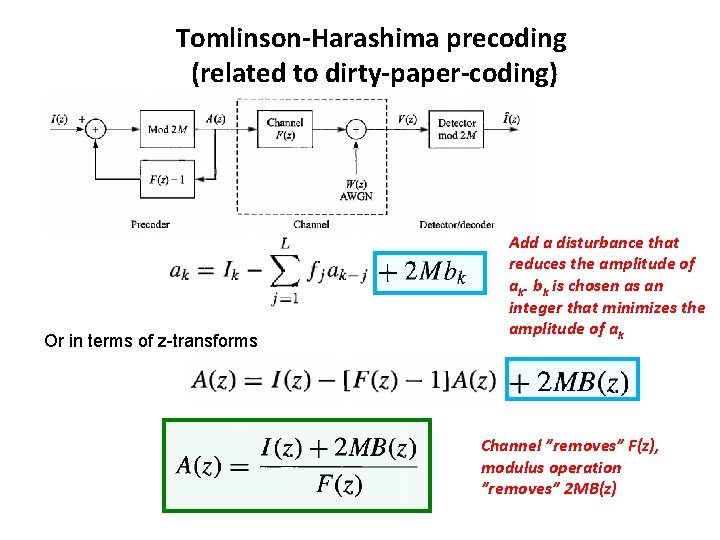 Tomlinson-Harashima precoding (related to dirty-paper-coding) How does this fit in with ISI equalization? Suppose Tomlinson-Harashima precoding (related to dirty-paper-coding) How does this fit in with ISI equalization? Suppose
