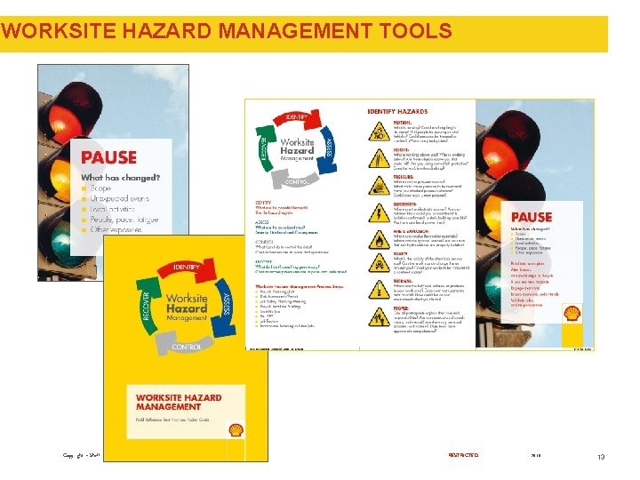 WORKSITE HAZARD MANAGEMENT TOOLS Copyright – Shell RESTRICTED 2010 13 WORKSITE HAZARD MANAGEMENT TOOLS Copyright – Shell RESTRICTED 2010 13