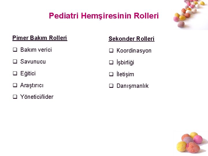 Pediatri Hemşiresinin Rolleri Pimer Bakım Rolleri Sekonder Rolleri q Bakım verici q Koordinasyon q