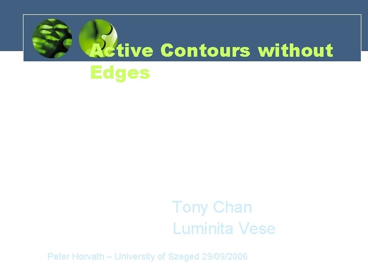 Active Contours without Edges Tony Chan Luminita Vese Peter Horvath – University of Szeged