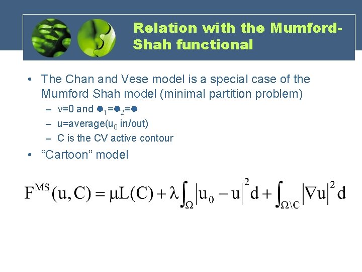 Relation with the Mumford. Shah functional • The Chan and Vese model is a