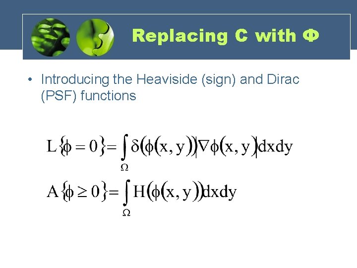 Replacing C with Φ • Introducing the Heaviside (sign) and Dirac (PSF) functions 