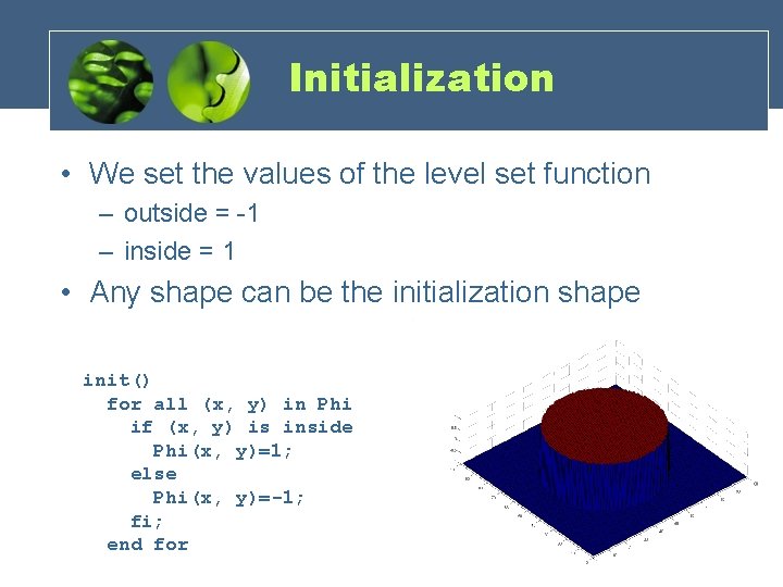 Initialization • We set the values of the level set function – outside =