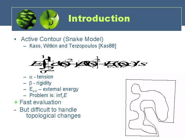 Introduction • Active Contour (Snake Model) – Kass, Witkin and Terzopoulos [Kas 88] –