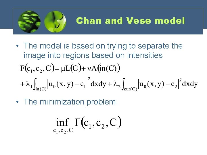 Chan and Vese model • The model is based on trying to separate the