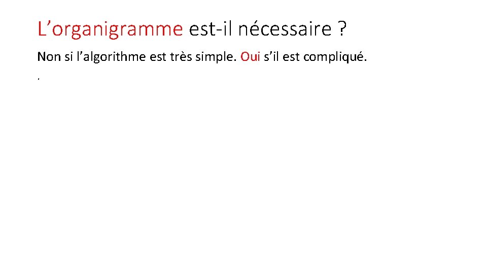 L’organigramme est-il nécessaire ? Non si l’algorithme est très simple. Oui s’il est compliqué.