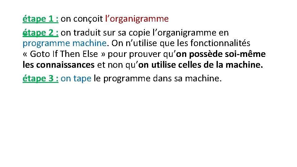 étape 1 : on conçoit l’organigramme étape 2 : on traduit sur sa copie