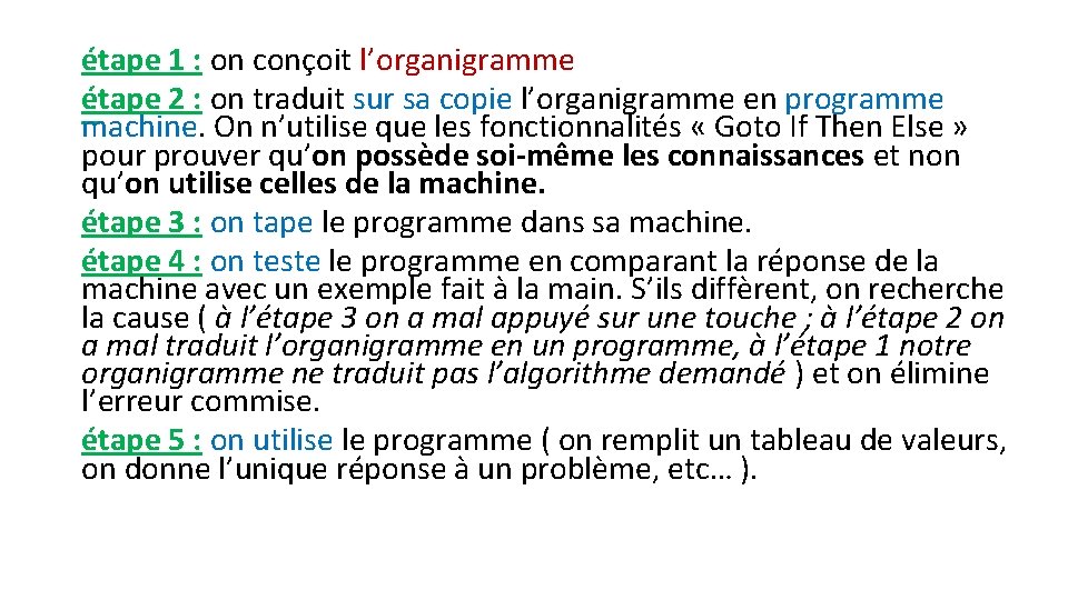 étape 1 : on conçoit l’organigramme étape 2 : on traduit sur sa copie