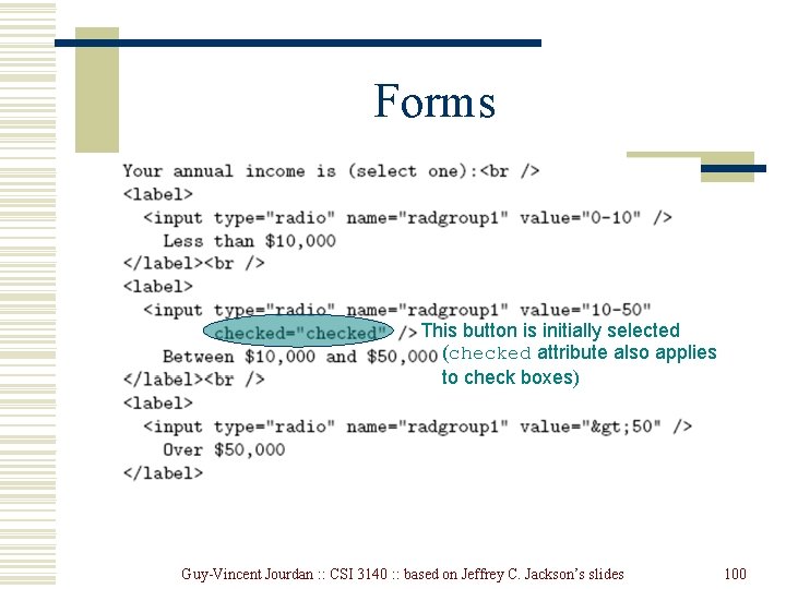 Forms This button is initially selected (checked attribute also applies to check boxes) Guy-Vincent Forms This button is initially selected (checked attribute also applies to check boxes) Guy-Vincent