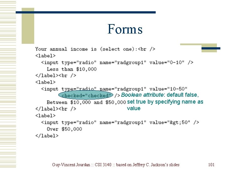 Forms Boolean attribute: default false, set true by specifying name as value Guy-Vincent Jourdan Forms Boolean attribute: default false, set true by specifying name as value Guy-Vincent Jourdan