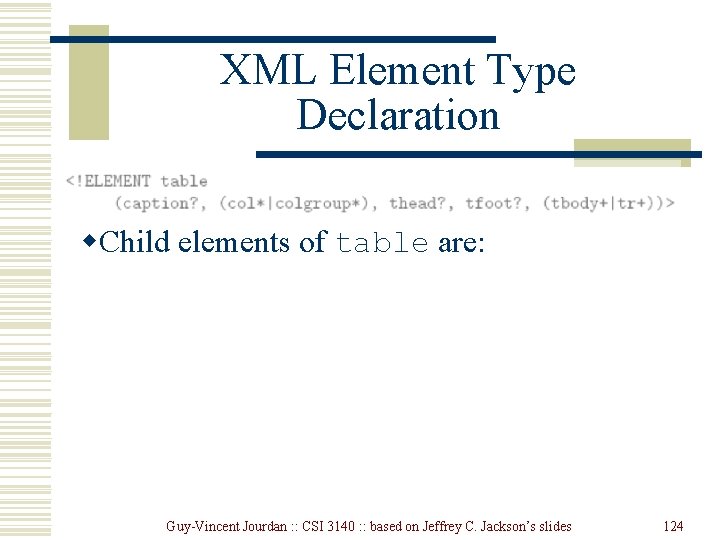 XML Element Type Declaration w. Child elements of table are: Guy-Vincent Jourdan : : XML Element Type Declaration w. Child elements of table are: Guy-Vincent Jourdan : :