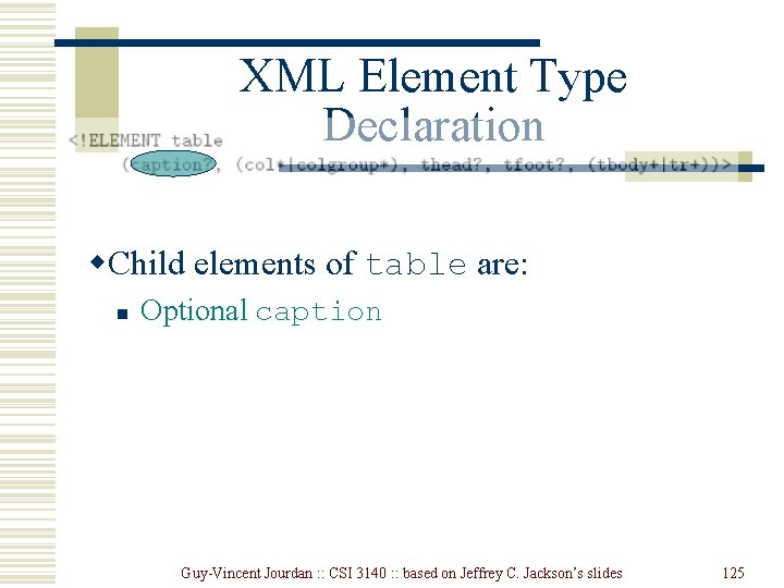 XML Element Type Declaration w. Child elements of table are: n Optional caption Guy-Vincent XML Element Type Declaration w. Child elements of table are: n Optional caption Guy-Vincent