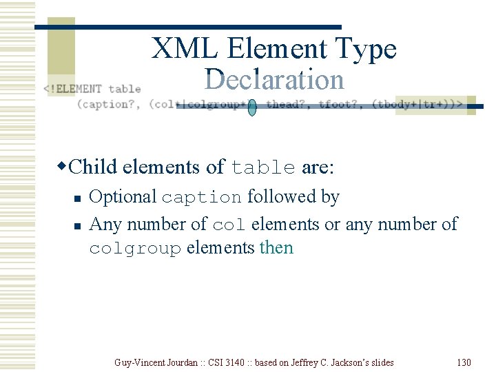 XML Element Type Declaration w. Child elements of table are: n n Optional caption XML Element Type Declaration w. Child elements of table are: n n Optional caption