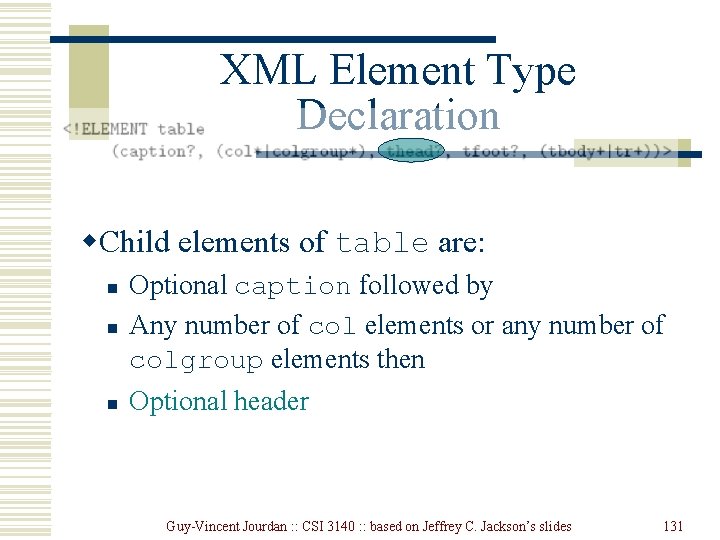 XML Element Type Declaration w. Child elements of table are: n Optional caption followed XML Element Type Declaration w. Child elements of table are: n Optional caption followed
