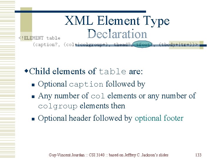 XML Element Type Declaration w. Child elements of table are: n Optional caption followed XML Element Type Declaration w. Child elements of table are: n Optional caption followed