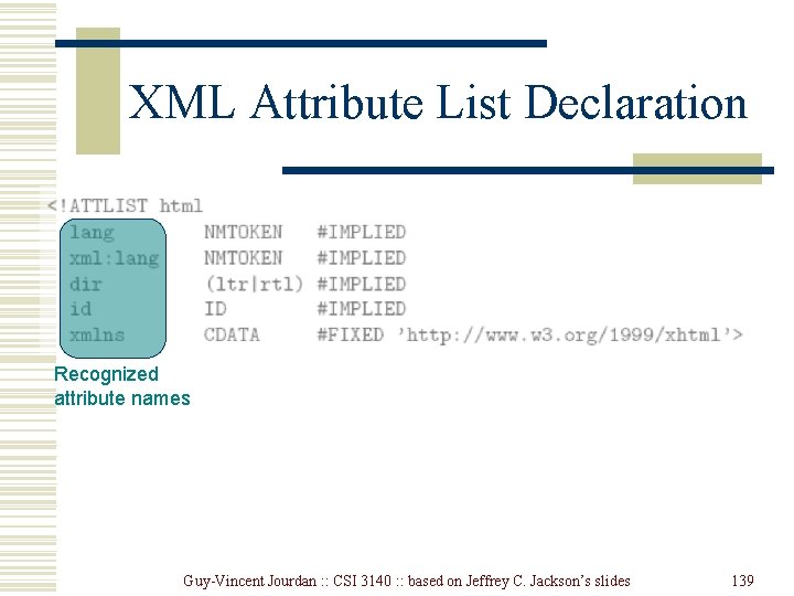 XML Attribute List Declaration Recognized attribute names Guy-Vincent Jourdan : : CSI 3140 : XML Attribute List Declaration Recognized attribute names Guy-Vincent Jourdan : : CSI 3140 :