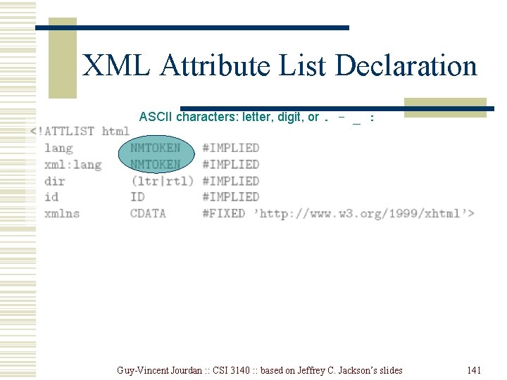 XML Attribute List Declaration ASCII characters: letter, digit, or. - _ : Guy-Vincent Jourdan XML Attribute List Declaration ASCII characters: letter, digit, or. - _ : Guy-Vincent Jourdan