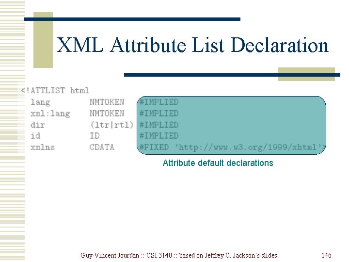 XML Attribute List Declaration Attribute default declarations Guy-Vincent Jourdan : : CSI 3140 : XML Attribute List Declaration Attribute default declarations Guy-Vincent Jourdan : : CSI 3140 :