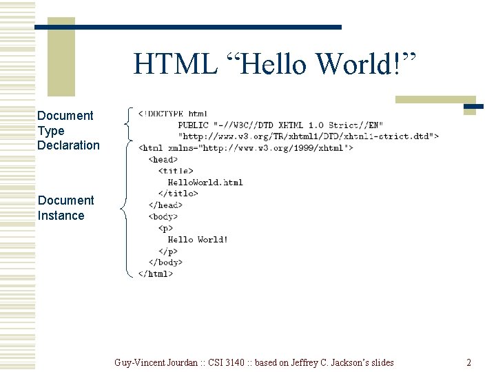 HTML “Hello World!” Document Type Declaration Document Instance Guy-Vincent Jourdan : : CSI 3140 HTML “Hello World!” Document Type Declaration Document Instance Guy-Vincent Jourdan : : CSI 3140