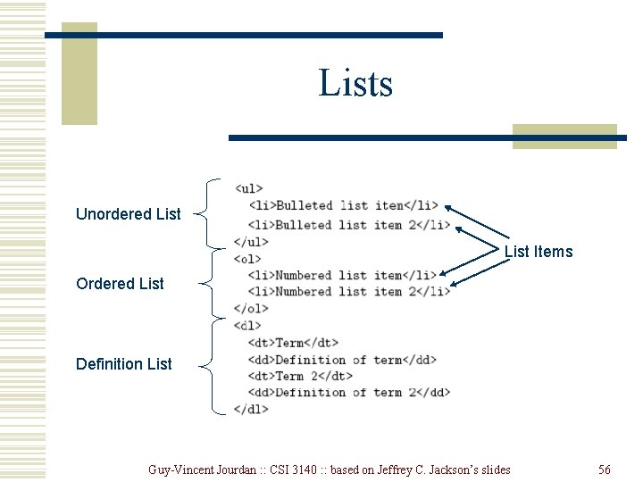 Lists Unordered List Items Ordered List Definition List Guy-Vincent Jourdan : : CSI 3140 Lists Unordered List Items Ordered List Definition List Guy-Vincent Jourdan : : CSI 3140