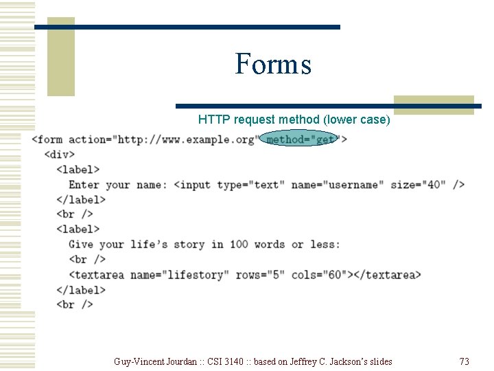 Forms HTTP request method (lower case) Guy-Vincent Jourdan : : CSI 3140 : : Forms HTTP request method (lower case) Guy-Vincent Jourdan : : CSI 3140 : :