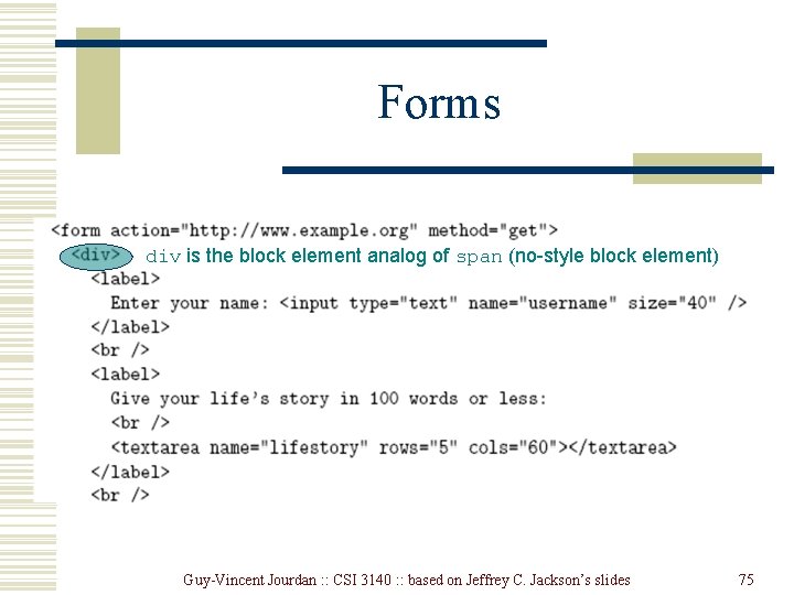 Forms div is the block element analog of span (no-style block element) Guy-Vincent Jourdan Forms div is the block element analog of span (no-style block element) Guy-Vincent Jourdan