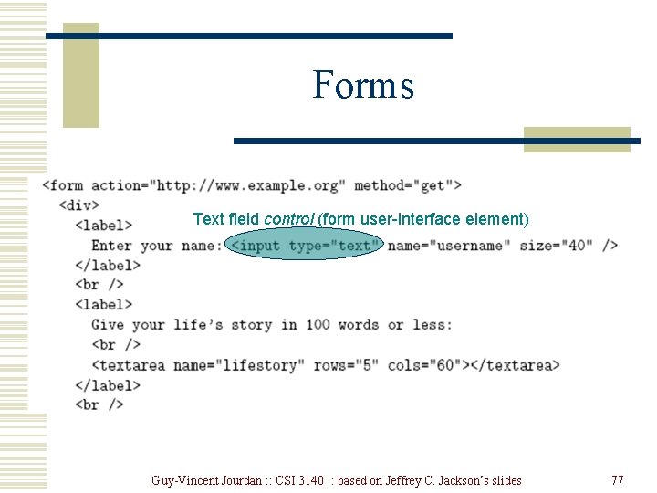 Forms Text field control (form user-interface element) Guy-Vincent Jourdan : : CSI 3140 : Forms Text field control (form user-interface element) Guy-Vincent Jourdan : : CSI 3140 :