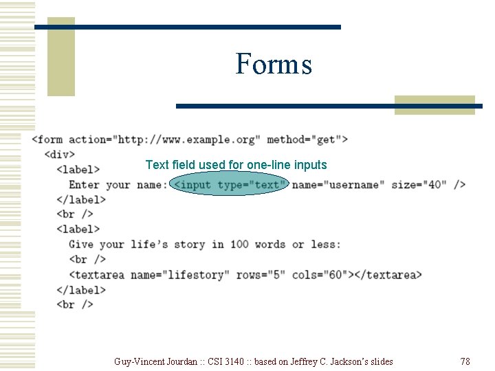 Forms Text field used for one-line inputs Guy-Vincent Jourdan : : CSI 3140 : Forms Text field used for one-line inputs Guy-Vincent Jourdan : : CSI 3140 :