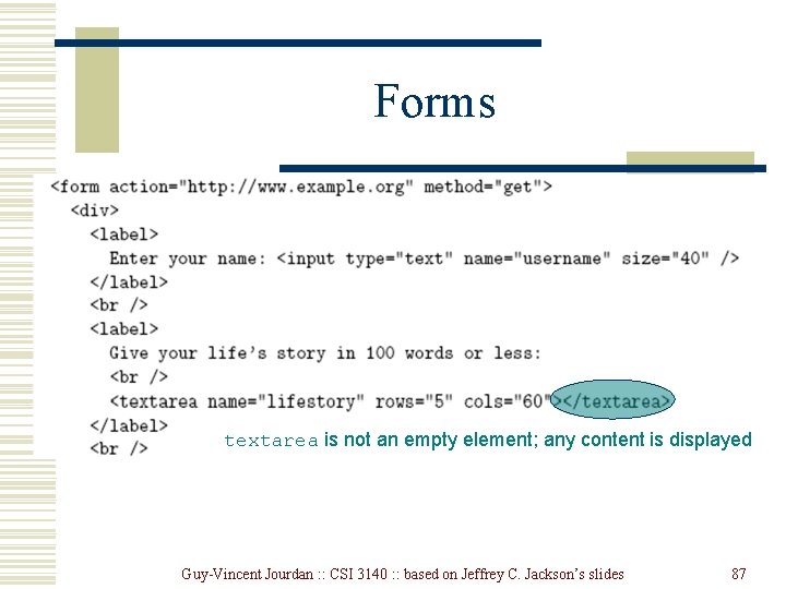 Forms textarea is not an empty element; any content is displayed Guy-Vincent Jourdan : Forms textarea is not an empty element; any content is displayed Guy-Vincent Jourdan :