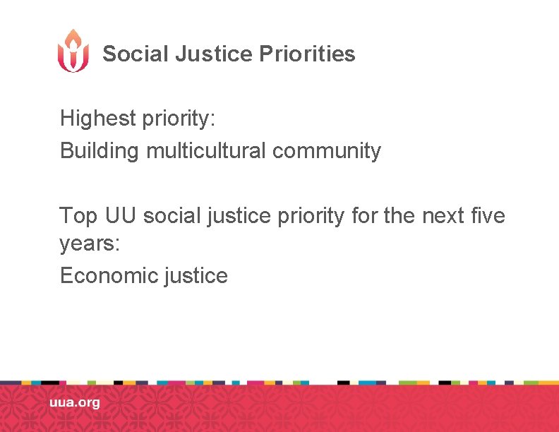 Social Justice Priorities Highest priority: Building multicultural community Top UU social justice priority for