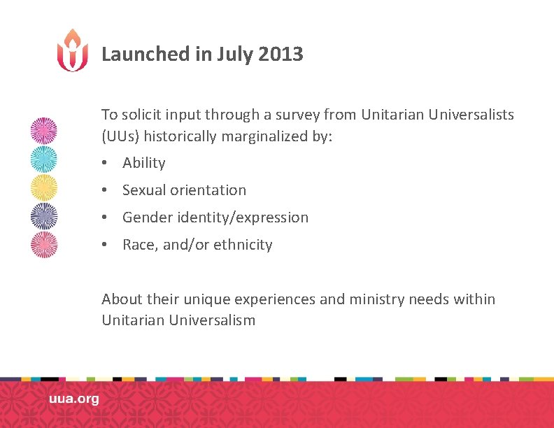 Launched in July 2013 To solicit input through a survey from Unitarian Universalists (UUs)