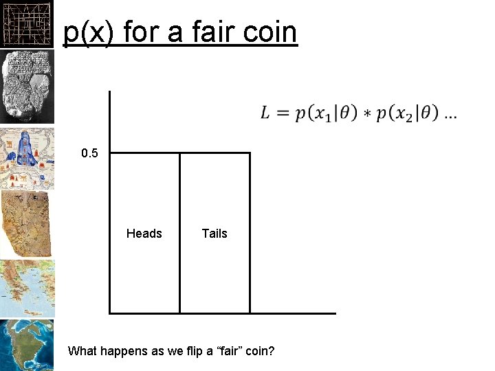 p(x) for a fair coin 0. 5 Heads Tails What happens as we flip