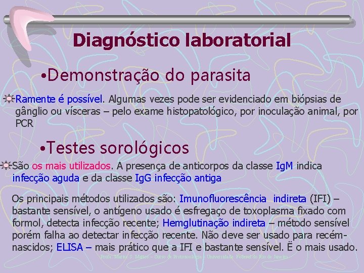 Diagnóstico laboratorial • Demonstração do parasita Ramente é possível. Algumas vezes pode ser evidenciado