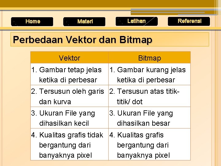 Home Materi Latihan Referensi Perbedaan Vektor dan Bitmap Vektor 1. Gambar tetap jelas ketika