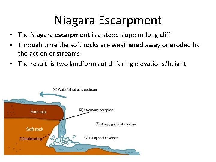 Niagara Escarpment • The Niagara escarpment is a steep slope or long cliff •