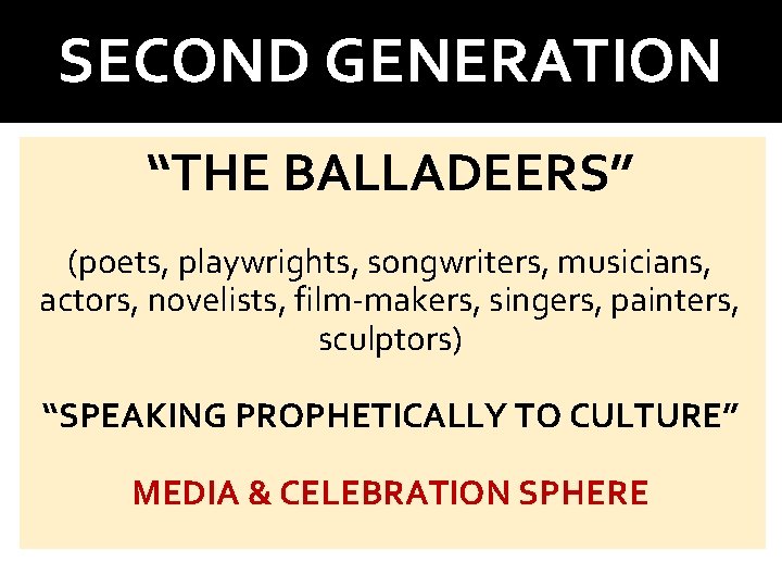 SECOND GENERATION “THE BALLADEERS” (poets, playwrights, songwriters, musicians, actors, novelists, film-makers, singers, painters, sculptors)
