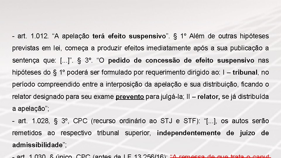 - art. 1. 012. “A apelação terá efeito suspensivo”. § 1º Além de outras