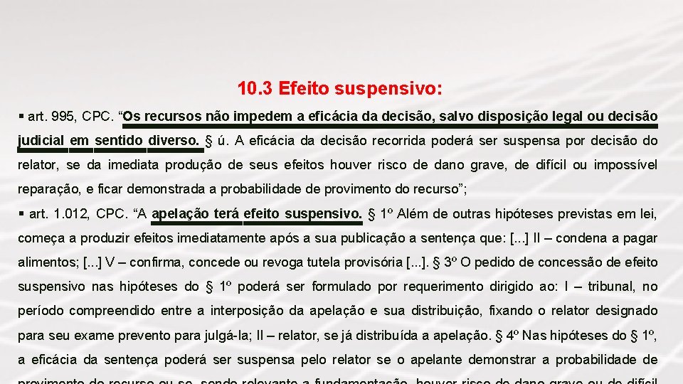 10. 3 Efeito suspensivo: § art. 995, CPC. “Os recursos não impedem a eficácia