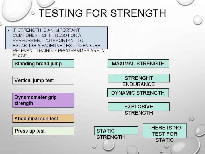 TESTING FOR STRENGTH • IF STRENGTH IS AN IMPORTANT COMPONENT OF FITNESS FOR A