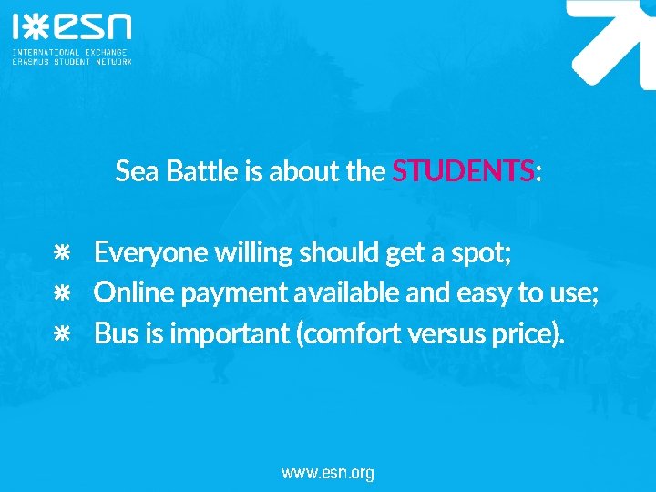 Sea Battle is about the STUDENTS: Everyone willing should get a spot; Online payment