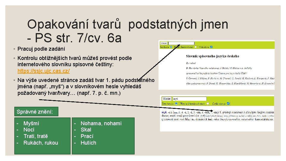 Opakování tvarů podstatných jmen - PS str. 7/cv. 6 a ◦ Pracuj podle zadání