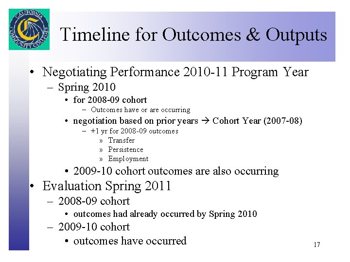 Timeline for Outcomes & Outputs Click to edit Master title style • Negotiating Performance