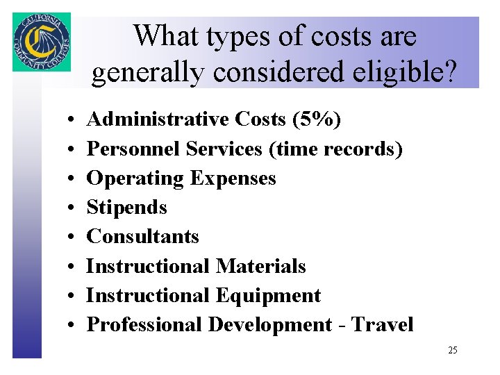 What types of costs are Click to edit Master title style generally considered eligible?