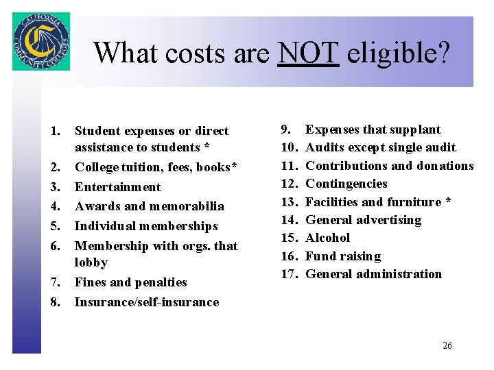 What costs are NOT eligible? Click to edit Master title style 1. 2. 3.