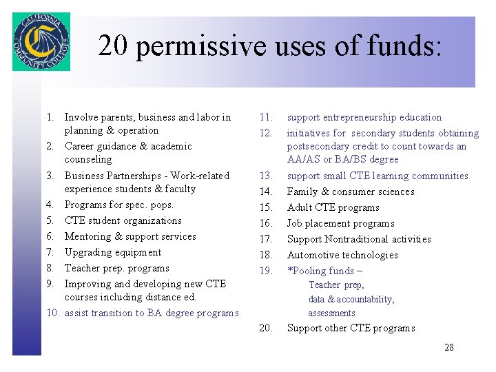 20 permissive uses of funds: Click to edit Master title style 1. Involve parents,