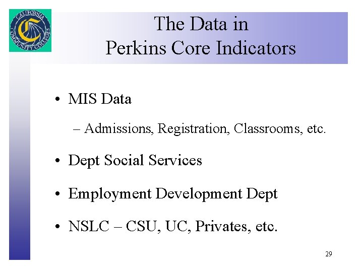 The Data in Perkins Core Indicators Click to edit Master title style • MIS
