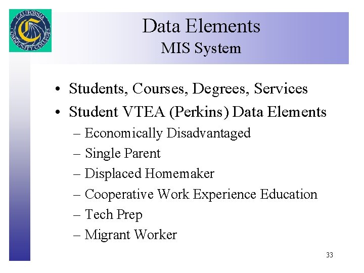 Data Elements MIS System Click to edit Master title style • Students, Courses, Degrees,